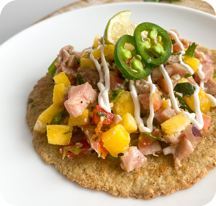 Tuna Tostada on Unbun Tortillas Unbun Foods