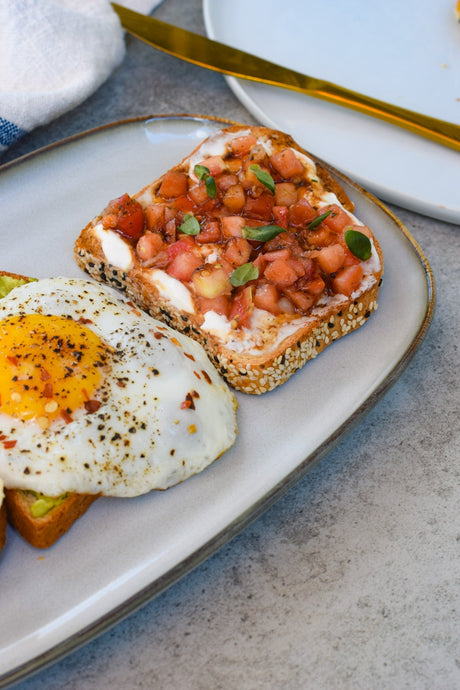 High Protein Keto Bruschetta on Complete Protein Seeded Bread